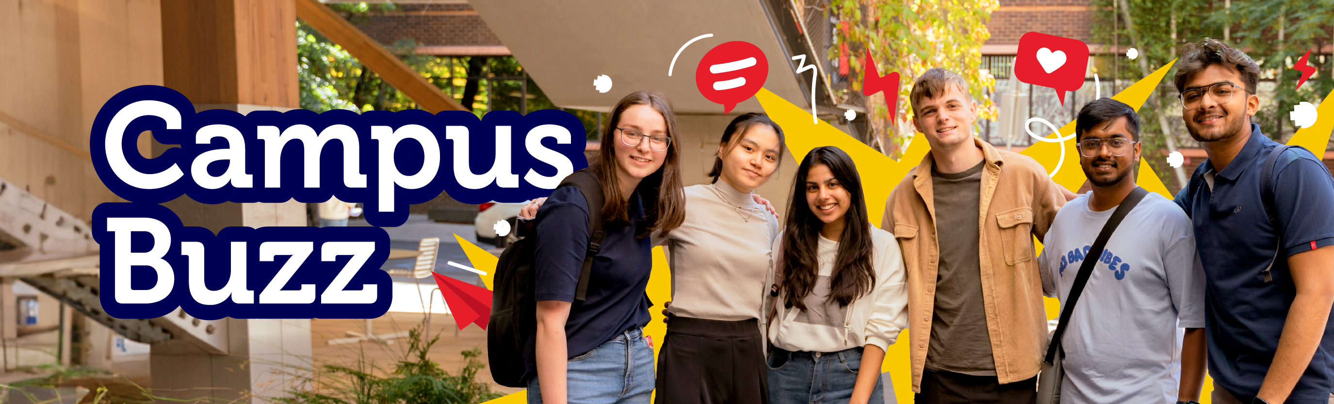Campus Buzz banner with image of two students on left hand side with "connecting you with campus" written below